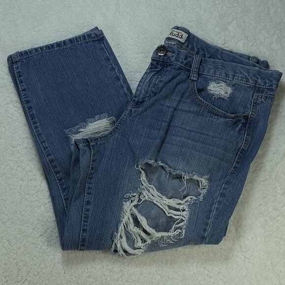 Mudd Capri Jeans Womens Sz 34 Blue Straight Leg Mid Rise Distressed 34x23 - Picture 1 of 8